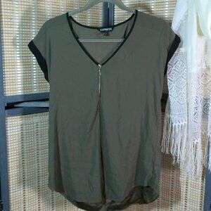 Express Olive Green Quarter Zip Blouse w/ Black Trim Accents